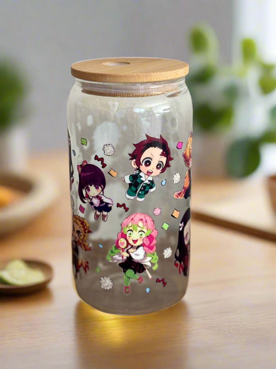 Demon Slayer Anime Glass Jar with Bamboo Lid – Chibi Characters Design