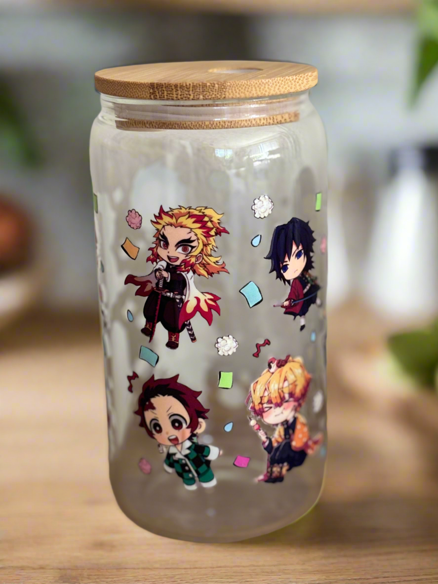 Demon Slayer Anime Glass Jar with Bamboo Lid – Chibi Characters Design