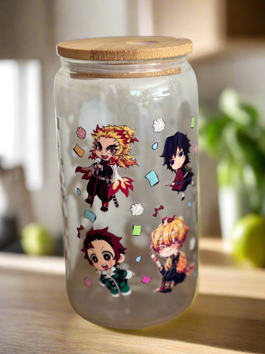 Demon Slayer Anime Glass Jar with Bamboo Lid – Chibi Characters Design