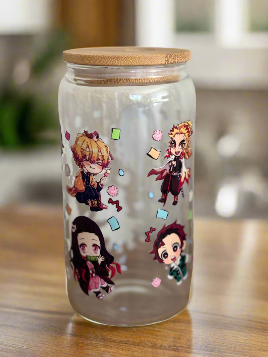 Demon Slayer Anime Glass Jar with Bamboo Lid – Chibi Characters Design