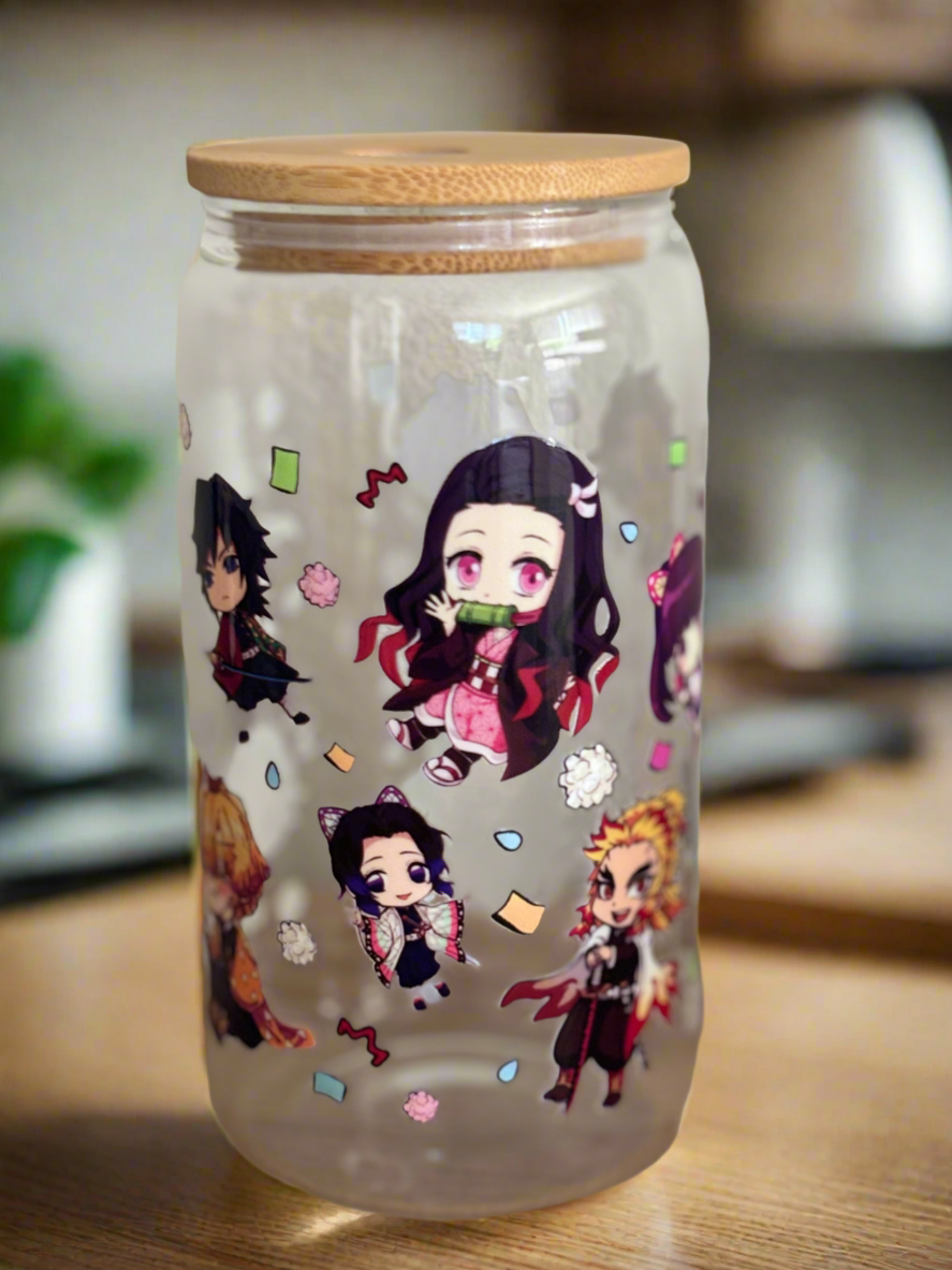 Demon Slayer Anime Glass Jar with Bamboo Lid – Chibi Characters Design